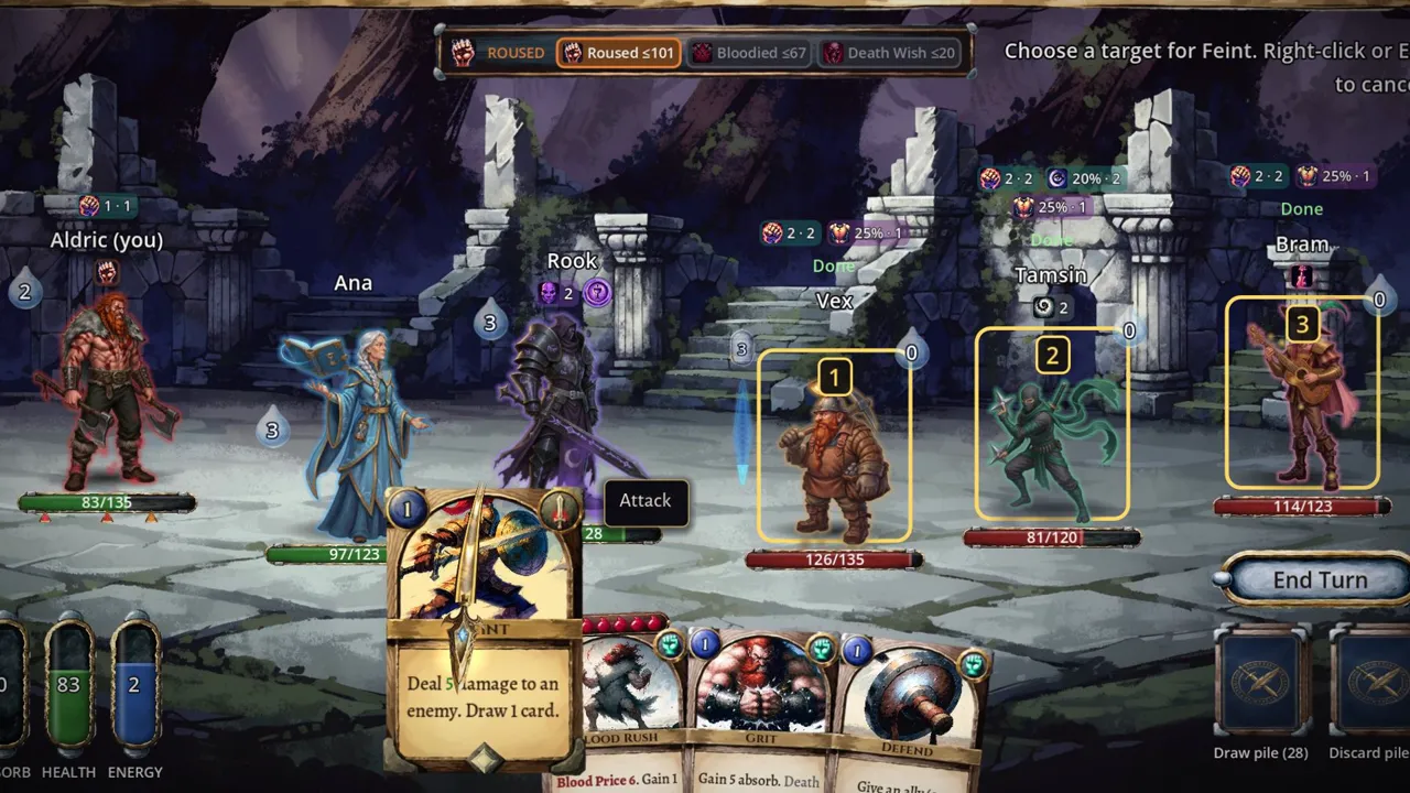 A 3v3 match: a Berserker picks a target for a card.
